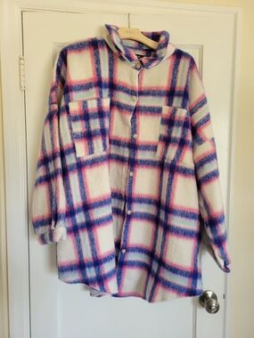 Plus Size Womens Pink Blue And White Plaid Over sized Shacket Size 3X